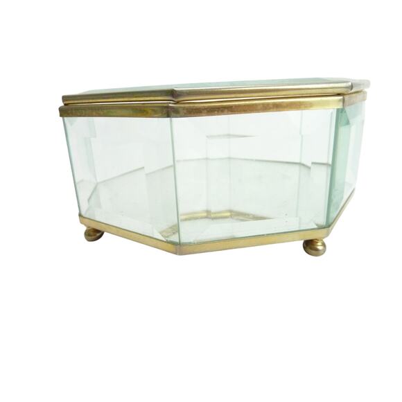 Vintage Etched Glass Brass Trinket Jewelry Box Chest Footed Hummingbirds - Picture 3 of 7